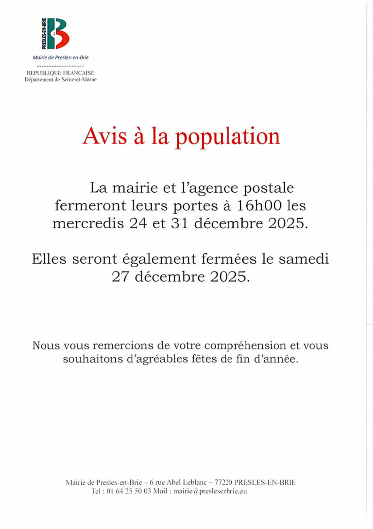 Fermeture des fêtes de fin d’année