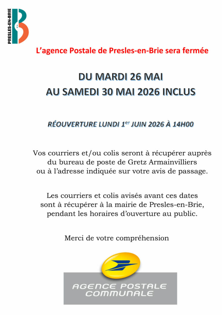 Fermeture de l’agence postale du 26 au 30 mai