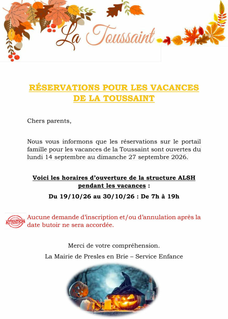 Réservations pour les vacances de la Toussaint