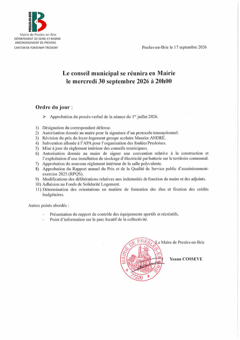 Ordre du jour – Conseil Municipal du 30 septembre
